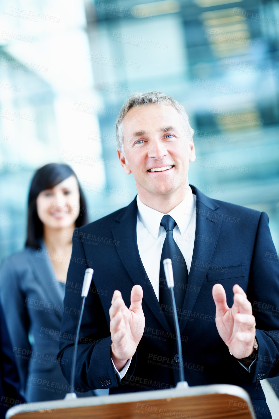 Buy stock photo Speaker, podium and portrait with business man at conference for keynote guest, talk and trader lecture. Capital venture, investor expo and speech with person at seminar for pitch and account advisor