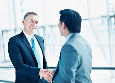 Buy stock photo Man, investor or handshake in business for welcome, company introduction and b2b opportunity. Stakeholders, partnership and shaking hands in office for greeting, financial collaboration and agreement
