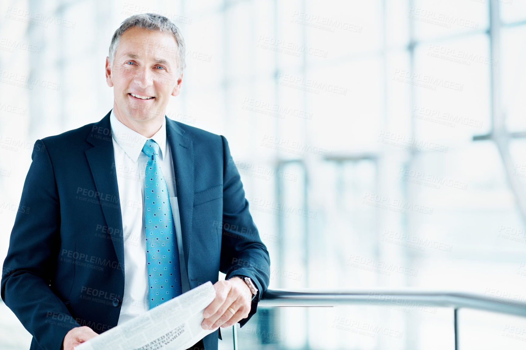 Buy stock photo Business man, portrait and newspaper in office, professional and real estate auction news. Property development, mature happy person and daily paper with listing opportunity, building lobby and space