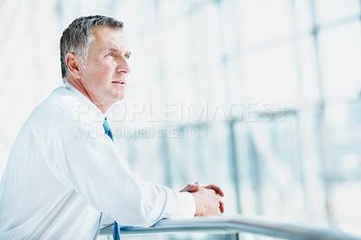 Buy stock photo Space, thinking and business man in office for conference, keynote speaker and reflection. Capital venture, investor expo and future with mature person in seminar for vision and account advisor