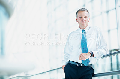 Buy stock photo Portrait, professional and conference with business man as keynote speaker, broker expo or event. Trading expert, tradeshow and about us with mature employee at convention center for investor space