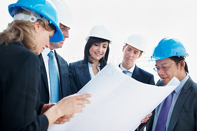 Buy stock photo Architect, reading and team with business people with blueprint for engineer, discussion and design. Construction project, building inspection and floor plan with employees for property developer