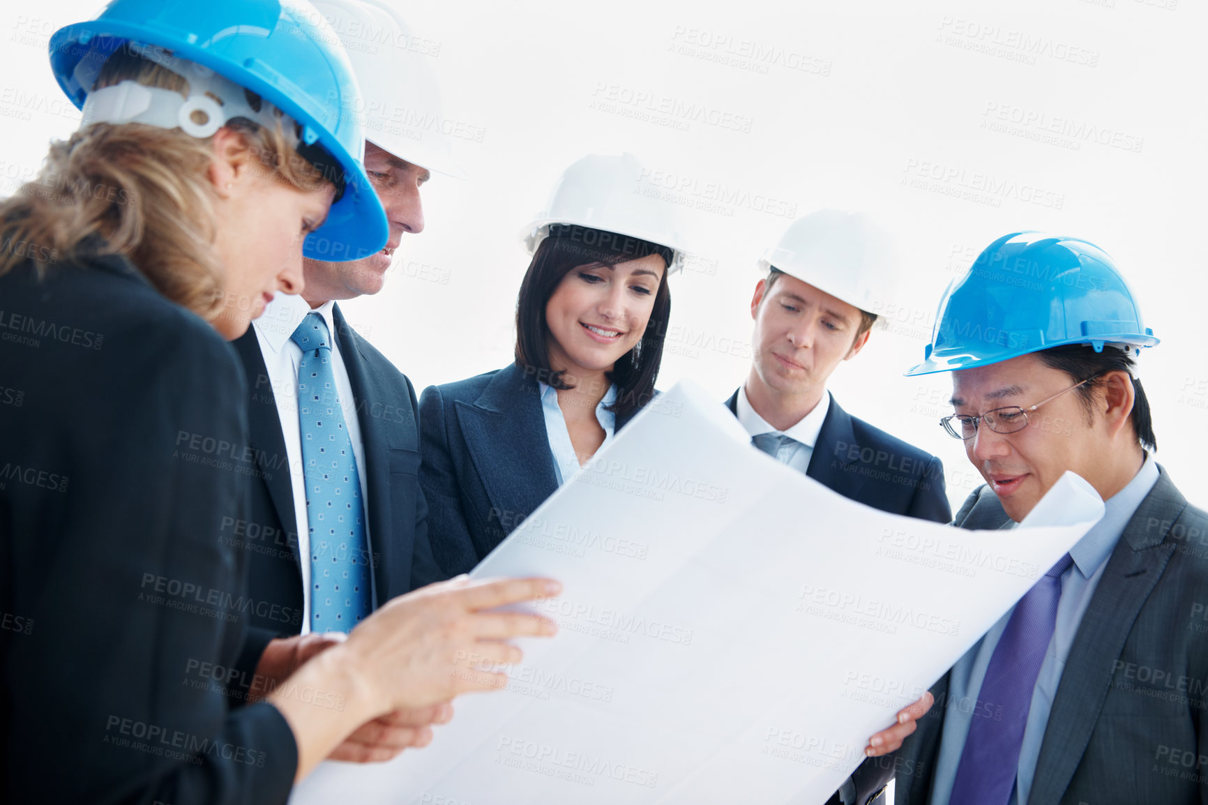 Buy stock photo Architect, reading and team with business people with blueprint for engineer, discussion and design. Construction project, building inspection and floor plan with employees for property developer