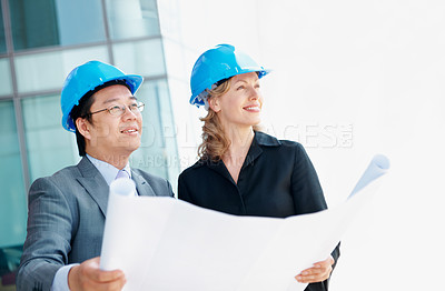 Buy stock photo Blueprint, architect and thinking with business people in city for urban developer, engineer and team. Construction layout, floor plan and vision with employees for meeting and project management