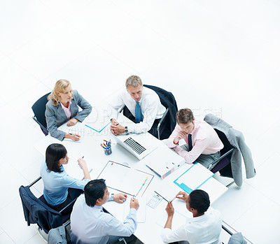 Buy stock photo Above, people and business meeting in office, discussion and finance team for budget overview. Group, collaboration and paperwork with pc for financial planning, revenue or expenses chat at workspace