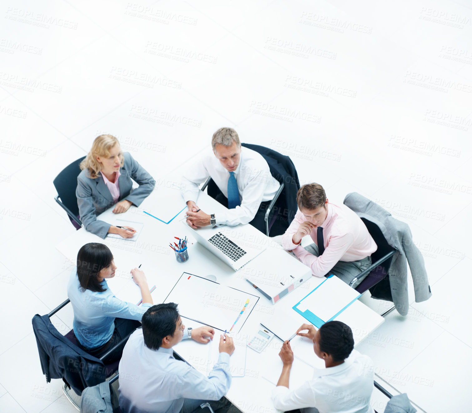 Buy stock photo Above, people and business meeting in office, discussion and finance team for budget overview. Group, collaboration and paperwork with pc for financial planning, revenue or expenses chat at workspace