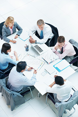 Buy stock photo Above, business people and discussion in conference room, finance team and budget overview. Group, collaboration and paperwork with pc for financial planning, revenue or expenses chat in meeting
