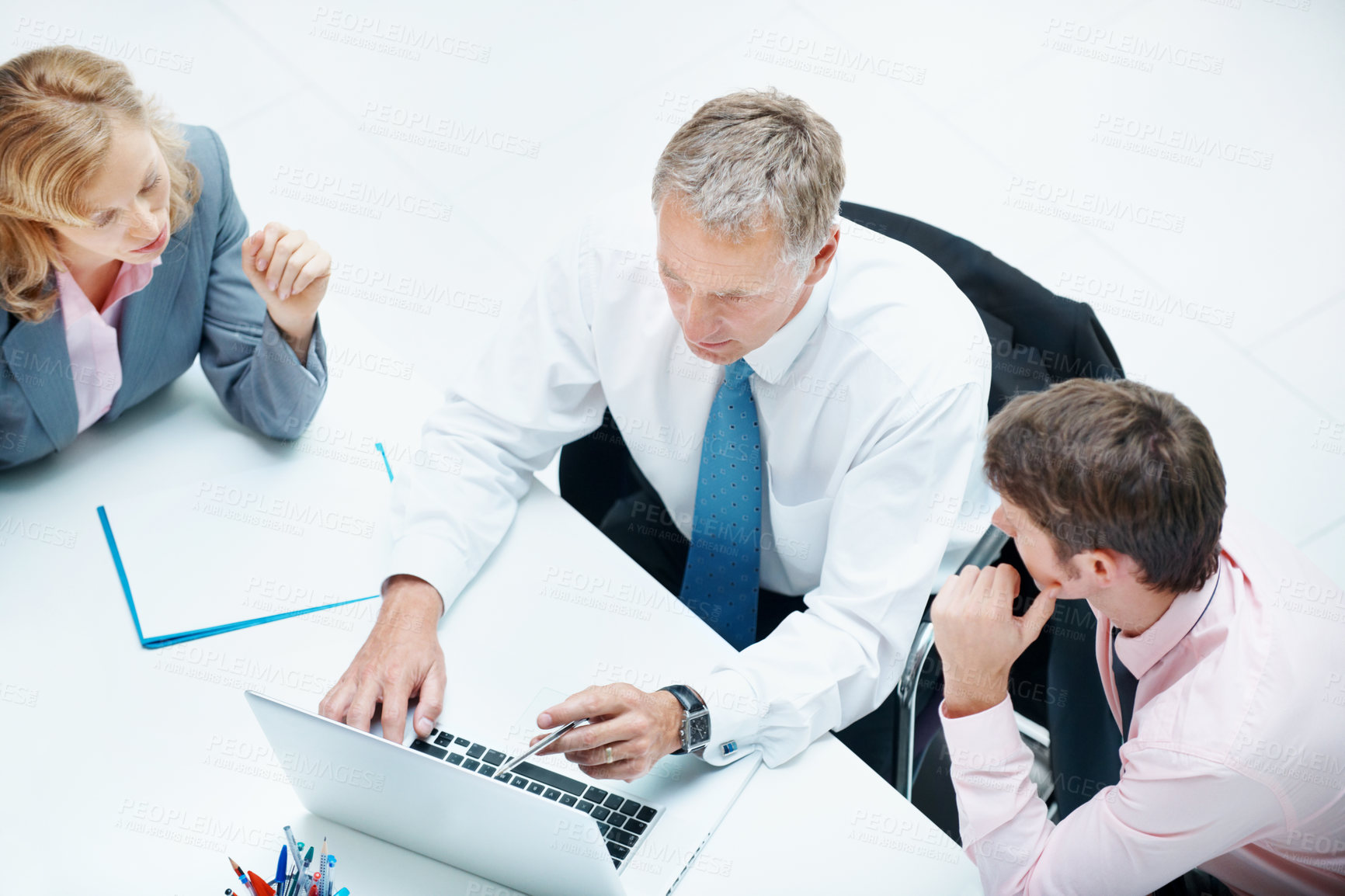 Buy stock photo Team, manager and meeting with laptop in office for market summary, live trading tips or support. Traders, people and coaching with tech on above for platform navigation, stocks training or listening