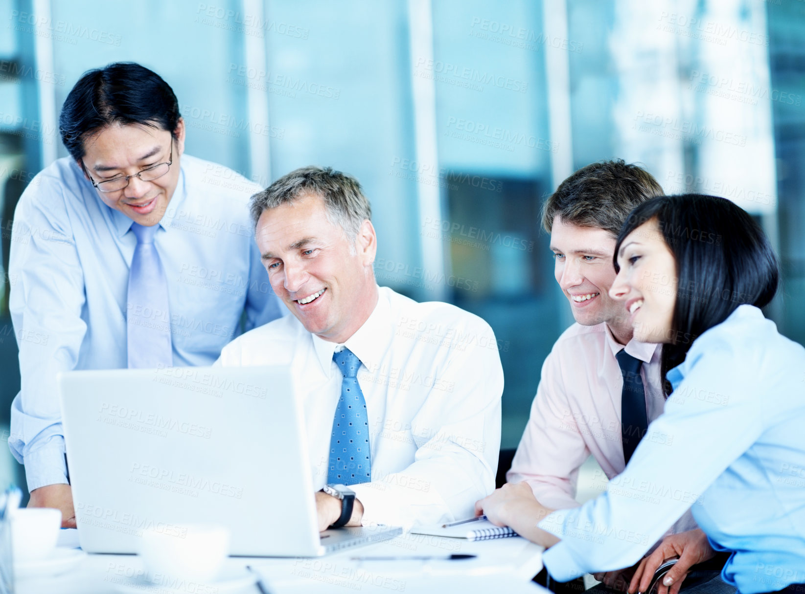 Buy stock photo Team, mentor and meeting with laptop in office for trade execution, risk management or cooperation. Traders, happy people and coaching with tech for account navigation, stocks training and discussion