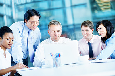 Buy stock photo Team, manager or advice with laptop in business for market summary, live trading tips or notes. Traders, happy people or mentor with tech in office for account navigation, stocks training or coaching