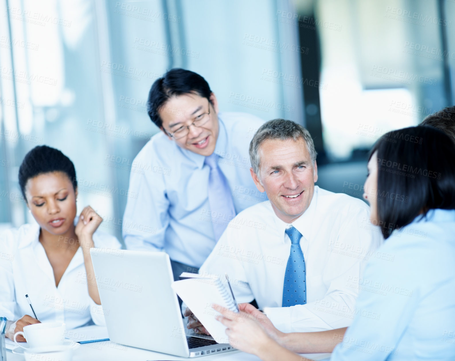 Buy stock photo Tech, businessman and listen to team with notebook for trade execution, stock price and explain. Laptop, people or discussion with traders journal in office for market trends, risk management or tips