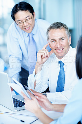 Buy stock photo Laptop, businessman or listen to team with notebook for market summary, trading strategy or explain. Happy, people and discussion with traders journal in office for stocks training, advice and mentor