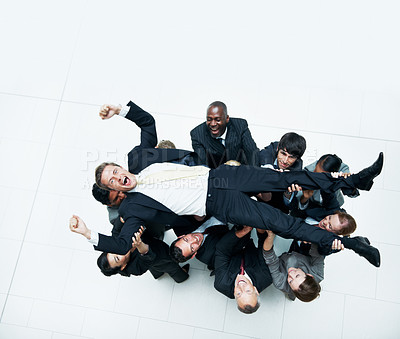 Buy stock photo Celebration, air and support with business man in office for winner, promotion and broker success. Achievement, investor profit and above with portrait of employee in lobby for bonus, space and goal