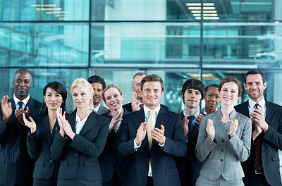 Buy stock photo Applause, team and portrait of business people at conference for success, seminar and solidarity. Tradeshow event, cheering and mission with employees in lobby for about us, goal and forum together