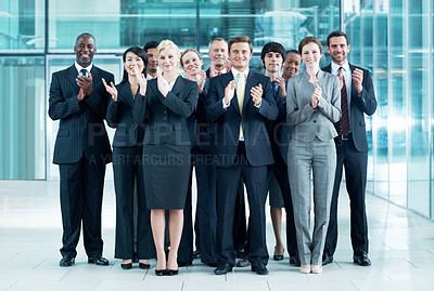 Buy stock photo Applause, smile and portrait of business people at conference for success, seminar and solidarity. Tradeshow event, cheering and mission with employees in lobby for about us, goal and forum together