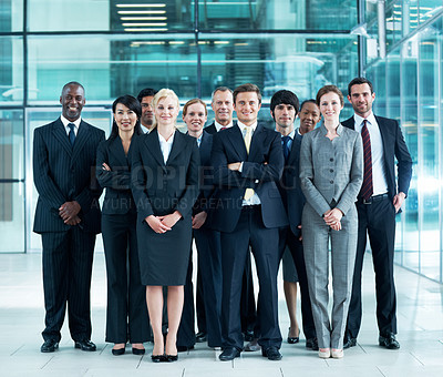 Buy stock photo Portrait, inclusion and smile with business people at conference for diversity, solidarity and expo. Corporate seminar, tradeshow and partnership with employees in lobby for about us and team