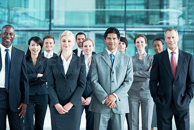Buy stock photo Portrait, inclusion and diversity with business people at conference for community, solidarity and expo. Corporate seminar, event and partnership with employees in lobby for about us and team