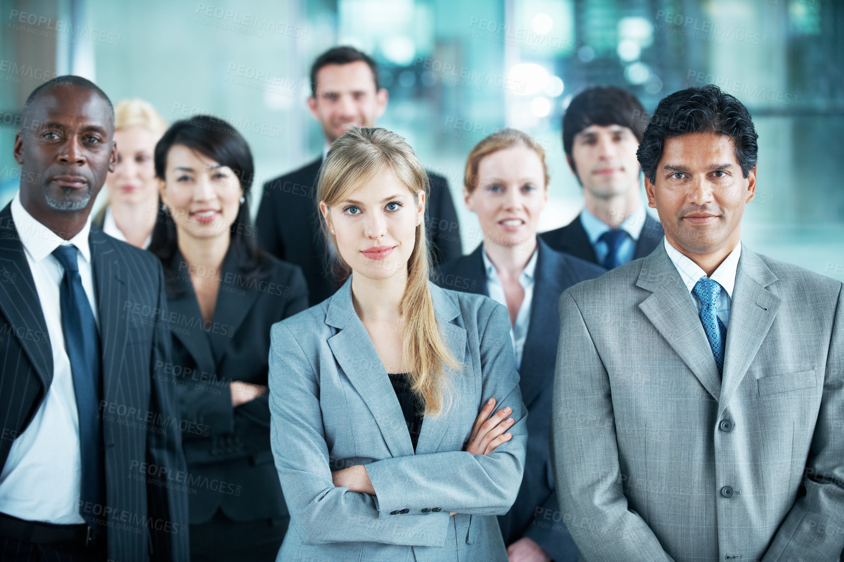 Buy stock photo Portrait, team and solidarity with business people in office for community, arms crossed or diversity. Synergy, support and partnership with employees in lobby for career, about us and mission
