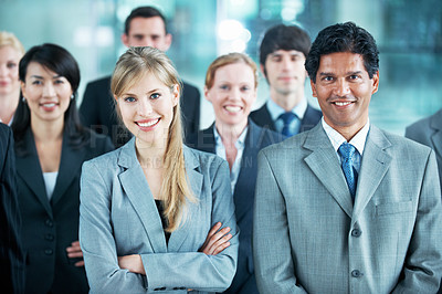 Buy stock photo Portrait, happy and solidarity with business people in office for community, arms crossed or diversity. Synergy, support and partnership with employees in lobby for career, about us and mission