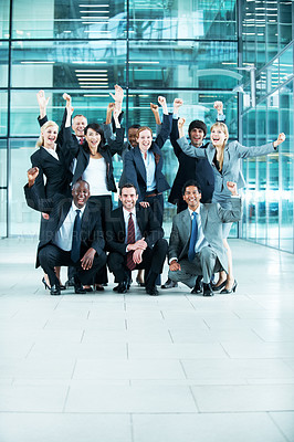 Buy stock photo Portrait, team and cheering with business people in office for celebration, solidarity or diversity. Synergy, support and winner with excited employees in lobby for space, about us and mission