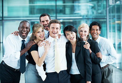 Buy stock photo Portrait, laugh and diversity with business people at conference for community, solidarity and expo. Corporate seminar, tradeshow and partnership with employees in lobby for about us and team