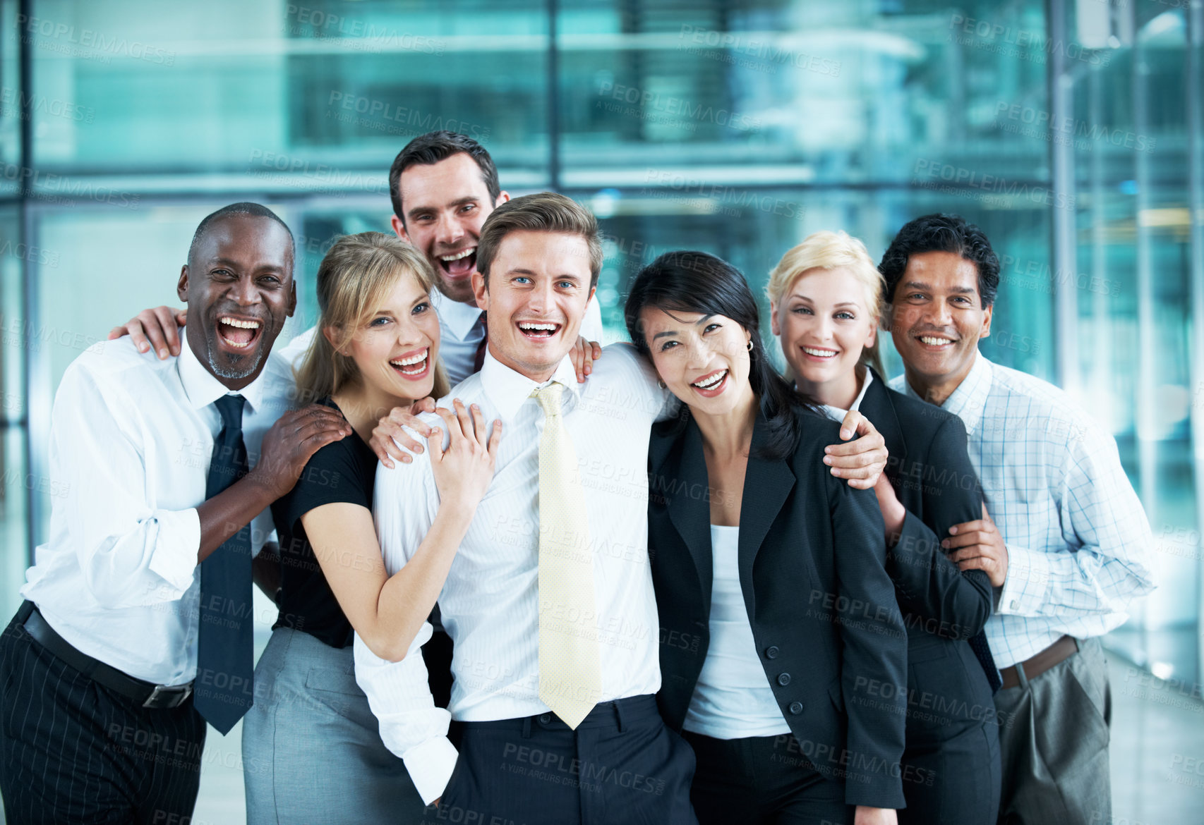 Buy stock photo Portrait, laugh and diversity with business people at conference for community, solidarity and expo. Corporate seminar, tradeshow and partnership with employees in lobby for about us and team