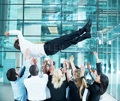 Buy stock photo Air, throwing and celebration with business man at conference for workshop, achievement and support. Team, success and partnership with employees in lobby of seminar for community and solidarity