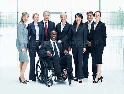 Buy stock photo Portrait, inclusion and solidarity with business people at conference for diversity, team and expo. Corporate seminar, tradeshow and partnership with employee in wheelchair in lobby for about us