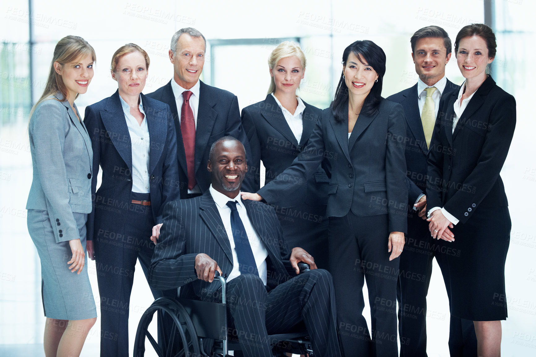 Buy stock photo Portrait, inclusion and wheelchair with business people at conference for diversity, team and expo. Corporate seminar, tradeshow and community with employees in lobby for about us and solidarity