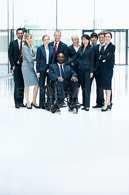 Buy stock photo Portrait, inclusion and team with business people at conference for diversity, solidarity and expo. Corporate seminar, community and partnership with employee in wheelchair for about us space