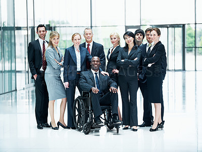 Buy stock photo Corporate, group or inclusion in office portrait for wheelchair user, legal counsel or about us. Law team, person with disability or happy for accessible leader, litigation or business representation