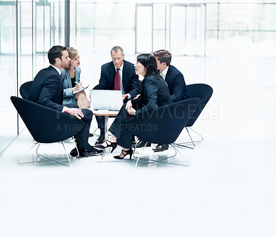 Buy stock photo Laptop, meeting and team with business people in office for sales projection, stakeholder and research. Treasurer budget, digital review and revenue planning with employees in lobby for space