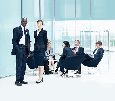 Buy stock photo Portrait, meeting and team with business people in office for sales projection, stakeholder and about us. Treasurer budget, review and revenue planning with employees in lobby for feedback and career