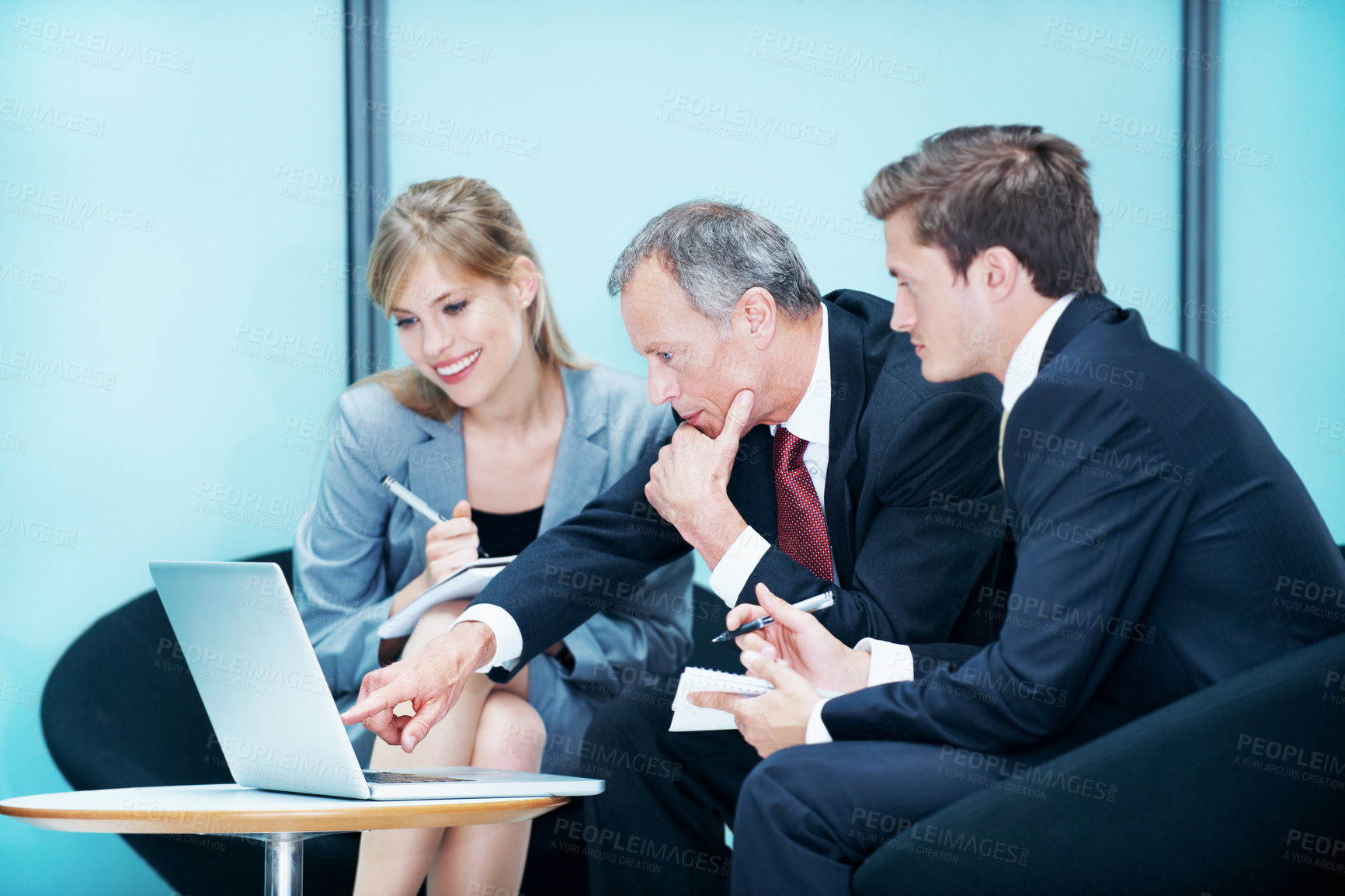 Buy stock photo Laptop, meeting and talk with business people in office for sales projection, stakeholder and research. Treasurer budget, digital review and revenue planning with employees in lobby for feedback