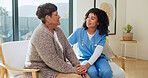 Happy, caregiver and old woman at house for checkup, kindness and advice for medical diagnosis. Smile, nurse and senior person in home with compassion, understanding and assisted living for wellness
