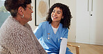 Smile, caregiver and old woman at house for checkup, kindness and advice for medical diagnosis. Happy, nurse and senior person in home with compassion, understanding and assisted living for wellness