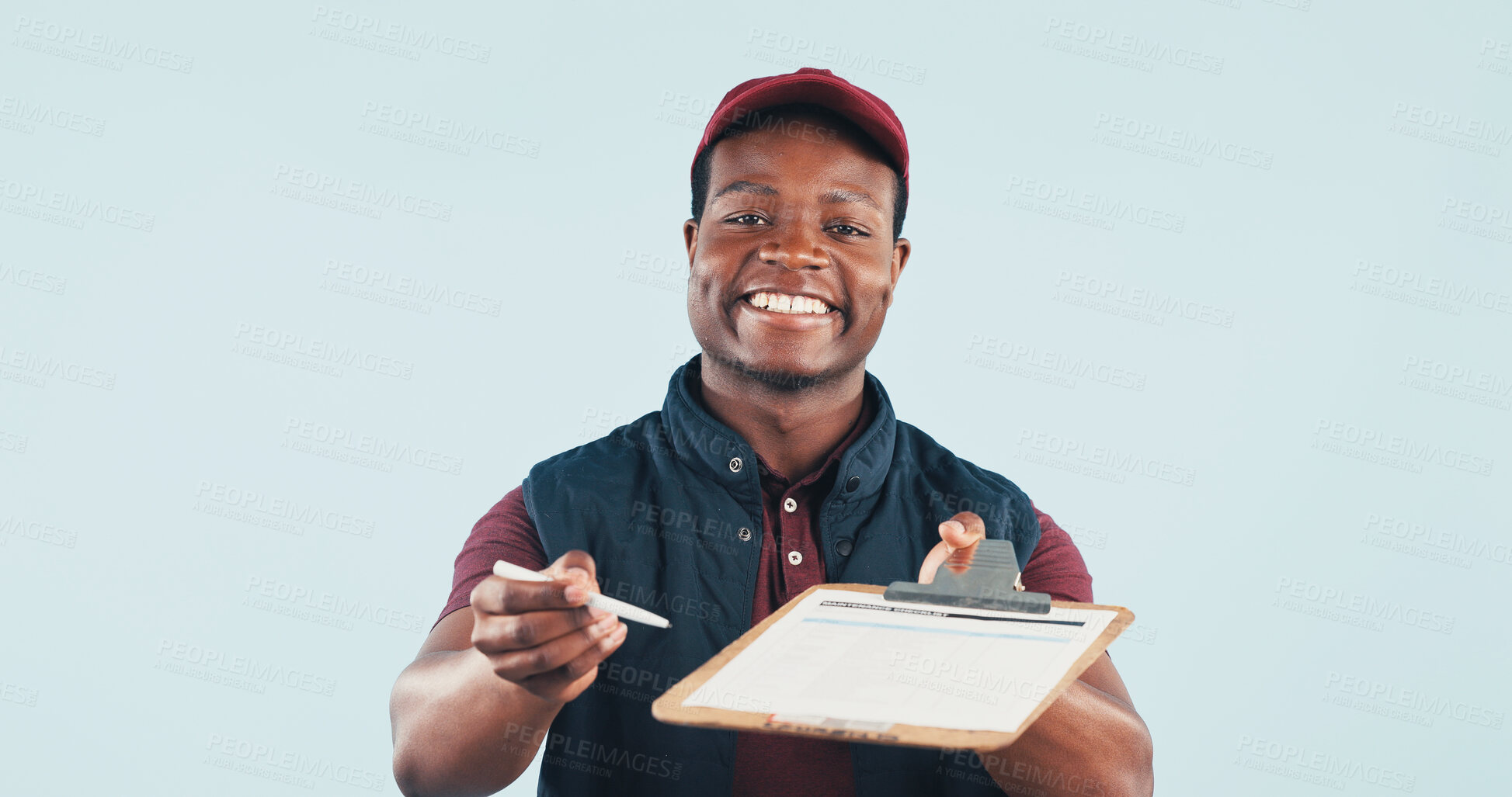 Buy stock photo Portrait, clipboard and delivery man in studio for signature, space or postal service for distribution. Happy, black person or courier with logistics, shipping or paperwork to sign on blue background