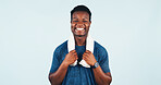 Fitness, portrait and towel with black man in studio for health, satisfaction or wellness. Confident, smile and space with happy sports person on white background for exercise benefits or results