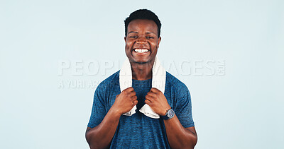 Buy stock photo Fitness, portrait and towel with black man in gym for health, satisfaction or wellness. Confident, smile and space with happy sports person on studio background for exercise benefits or results