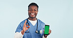 Perfect, green screen and face of nurse with phone in studio for telehealth, medical research or contact. Happy, black man and portrait of healthcare worker with cellphone for app on blue background.