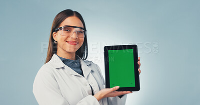 Buy stock photo Green screen, presentation and tablet with portrait of scientist for research, medical app and mockup. Science, healthcare and space with happy woman with tech on white background studio for report