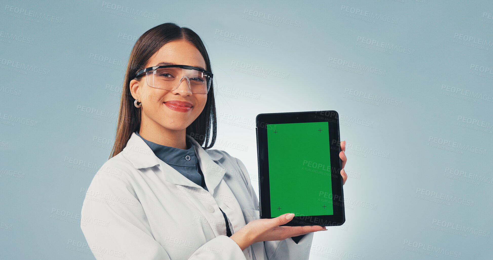 Buy stock photo Green screen, presentation and tablet with portrait of scientist for research, medical app and mockup. Science, healthcare and space with happy woman with tech on white background studio for report