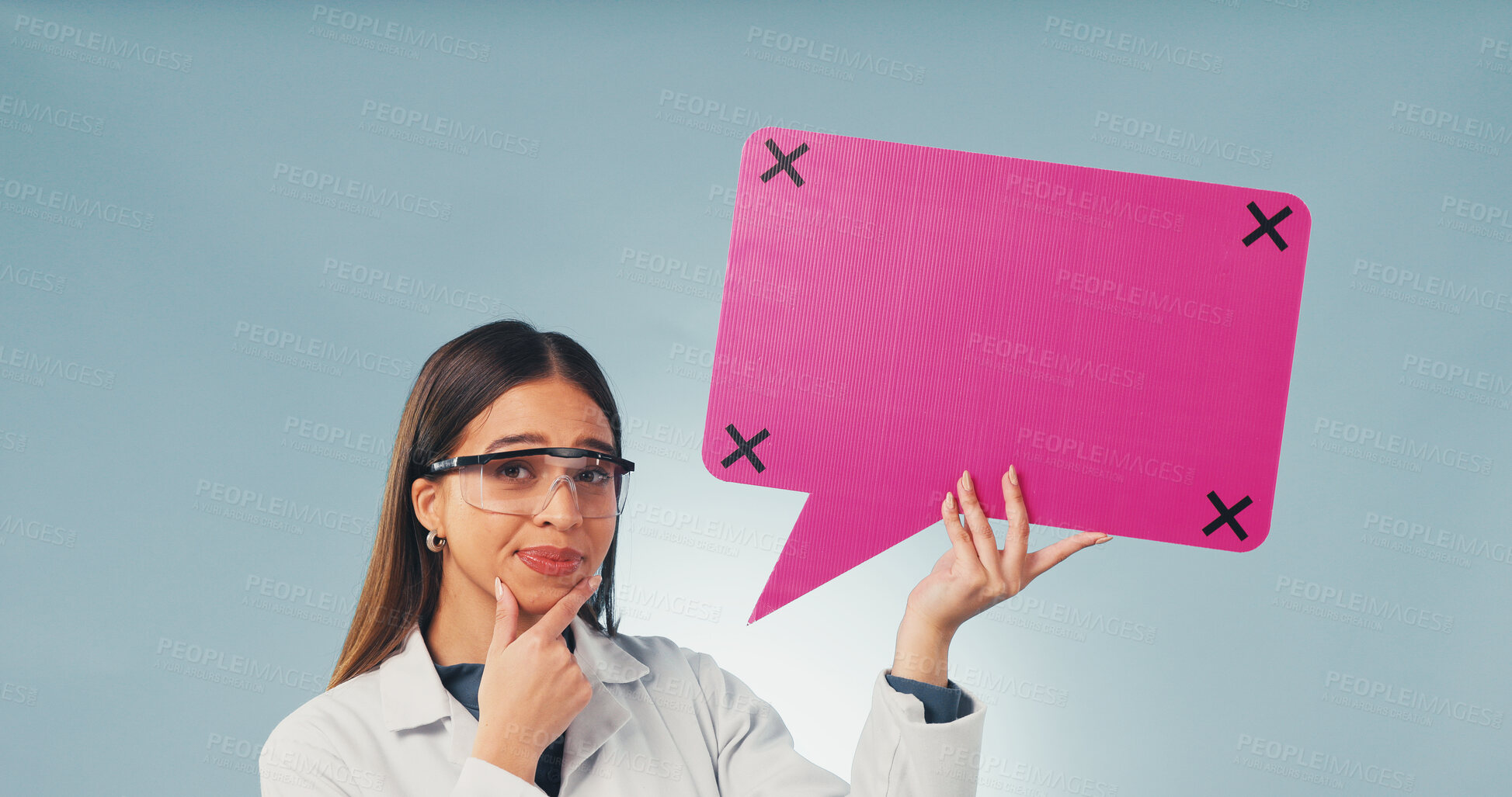 Buy stock photo Thinking, portrait or scientist with speech bubble, announcement or chat on lab guidelines. Social media, mockup or woman with idea, compliance statement or medical notice on studio background.