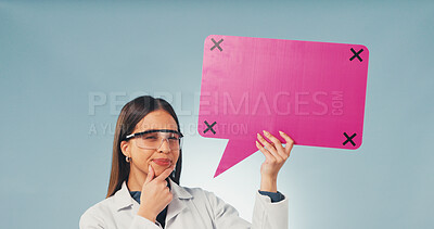 Buy stock photo Thinking, portrait or scientist with speech bubble, safety instruction or chat on lab guidelines. Social media, mockup or woman with idea, compliance statement or medical notice on studio background.