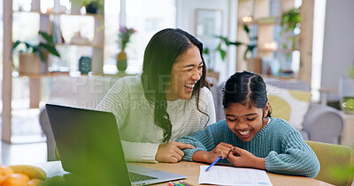 Buy stock photo Homework, mom or girl in house with laugh, bonding together or learning support for child growth. Help, task or happy family with technology, parent aid or academic guidance in childhood development.