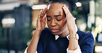 Business, thinking and black woman in office with stress, disappointment and risk of unemployment. Unhappy, female person and contemplation in workplace with burnout, worry and fear of retrenchment.