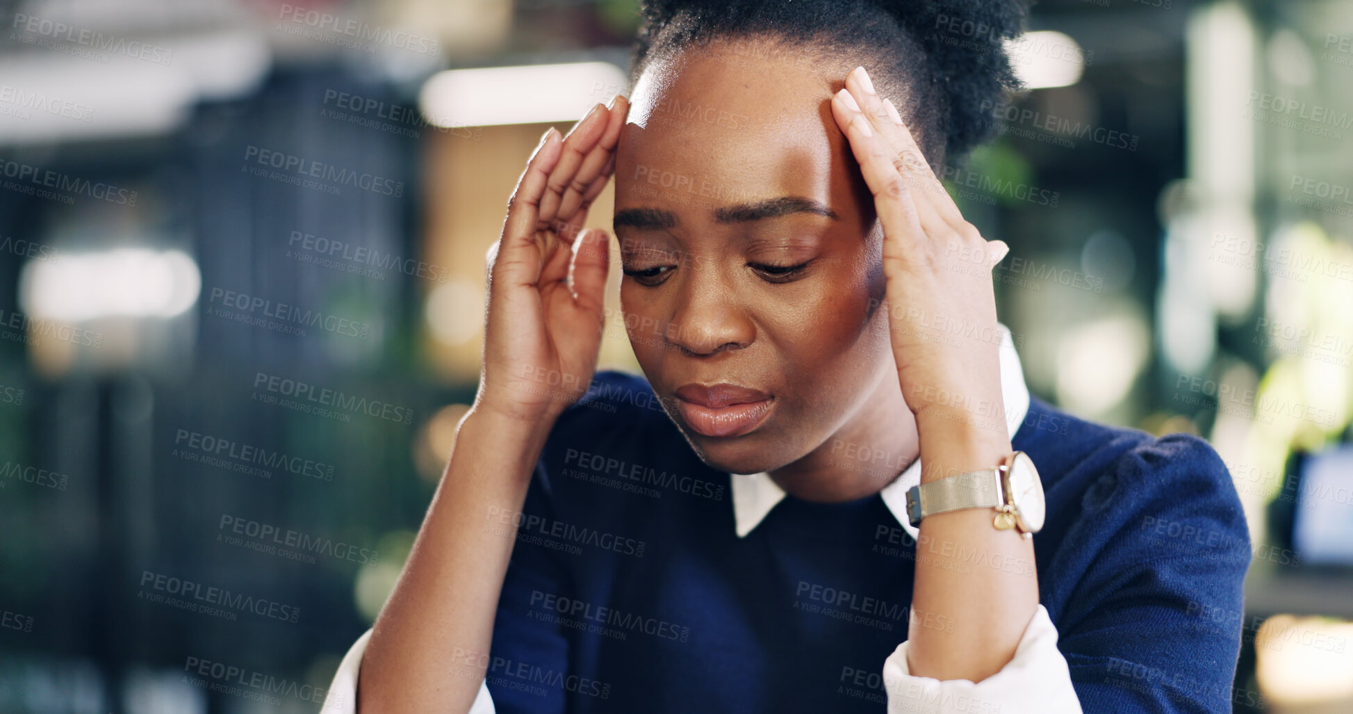 Buy stock photo Business, thinking and black woman in office with stress, disappointment and risk of unemployment. Unhappy, female person and contemplation in workplace with burnout, worry and fear of retrenchment.