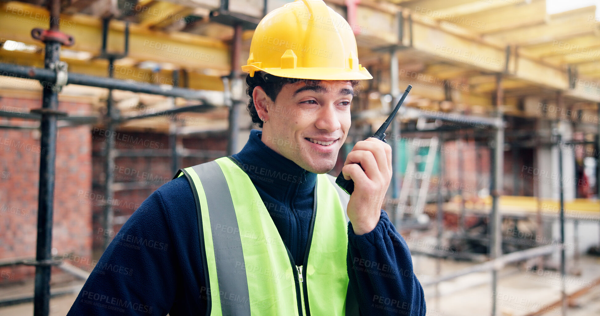 Buy stock photo Building, radio and talking with man on construction site for project management or property development. Communication, engineering and feedback with person outdoor for architecture or design