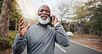 Senior, man and fitness in park with phone call, morning walk and conversation for exercise advice. Happy, black person or pensioner outdoor with tech for contact, workout or discussion for wellness.