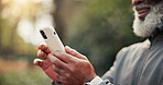 Exercise, hands and phone with person outdoor for cardio training, sports tracking or workout. App, fitness and health activity with runner in nature for development, progress or wellness report